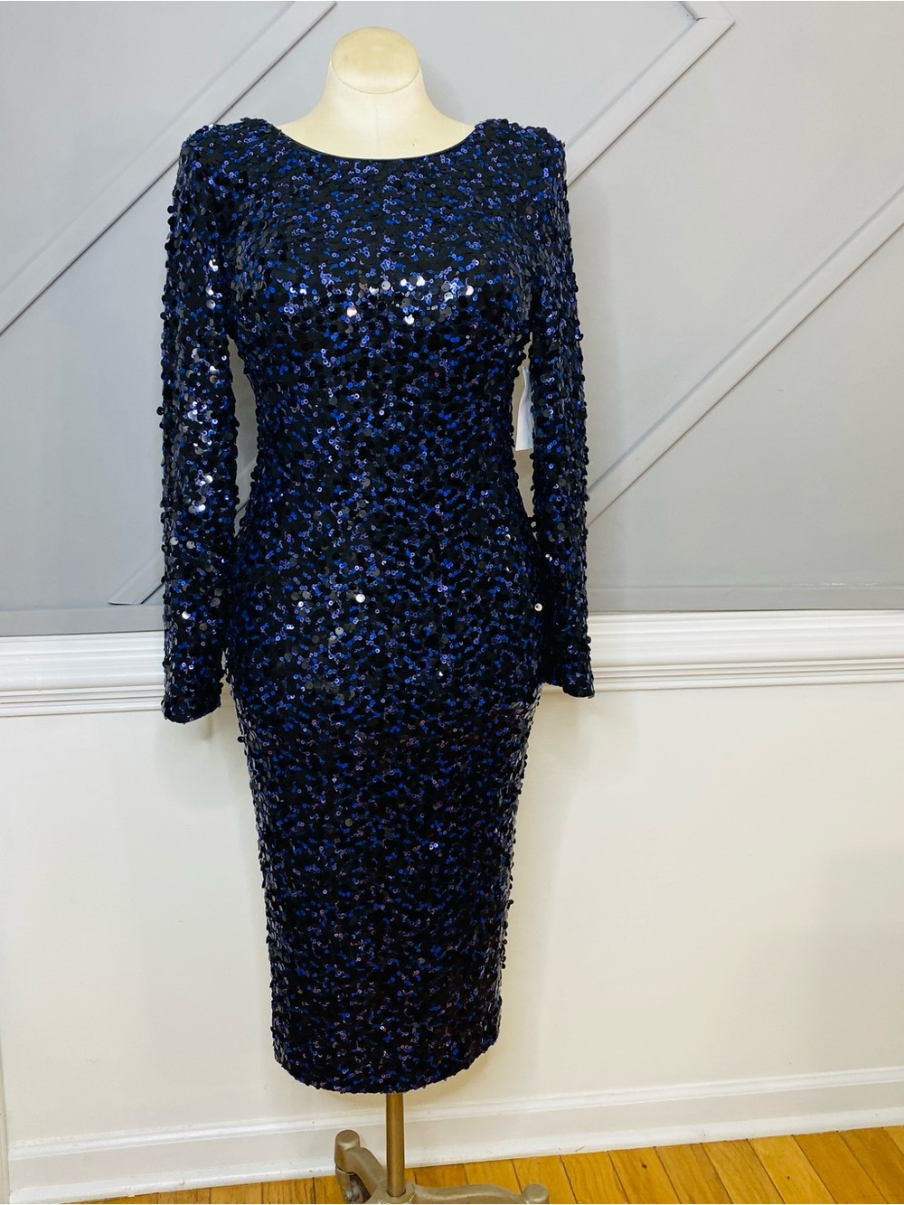 NEW Dress the Population Emery Long Sleeve Sequin Dress navy SZ L #D6706 - Picture 4 of 13